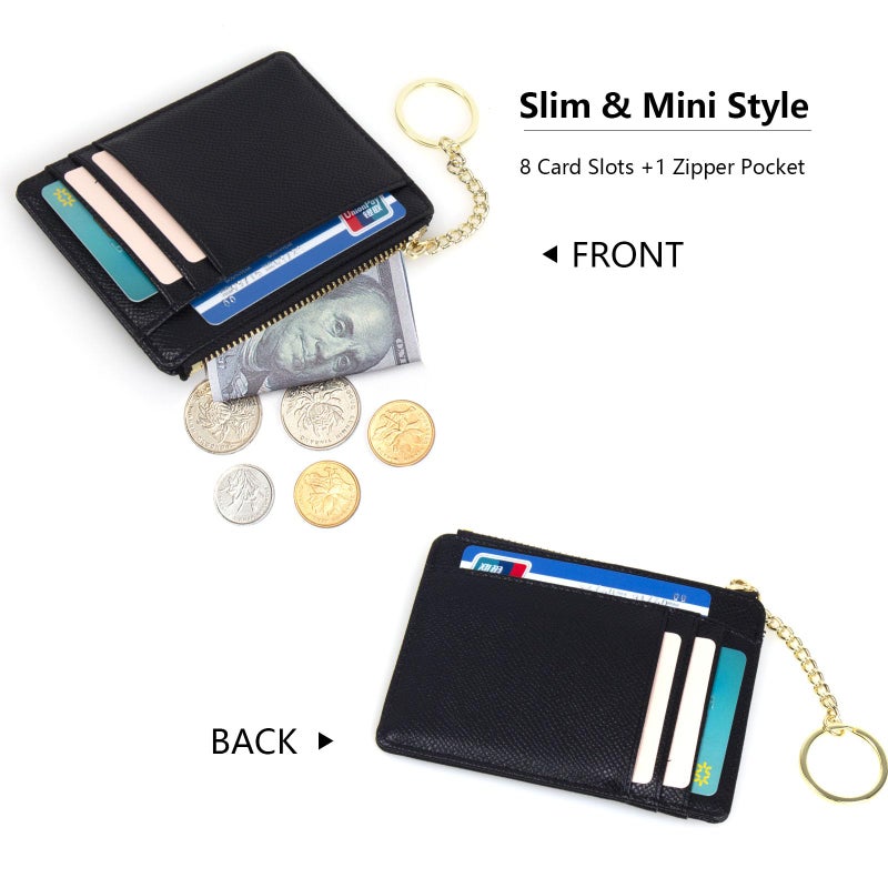 Valentoria Slim RFID Blocking Card Holder Small Pocket Wallet Keychian Zipper Coin Purse Minimalist Leather Cash & Coin & Cards Case for Women Men (Black) - Image 3